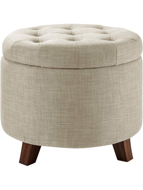 Basics Upholstered Tufted Storage Round Ottoman Footstool, Burlap Beige, ‎20"W x 20"D x 20"H