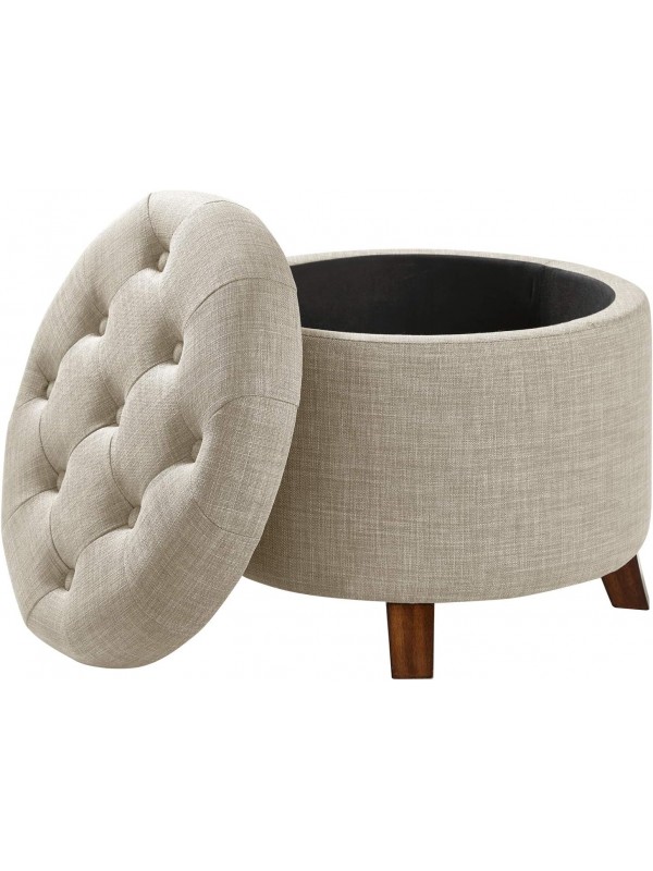 Basics Upholstered Tufted Storage Round Ottoman Footstool, Burlap Beige, ‎20"W x 20"D x 20"H