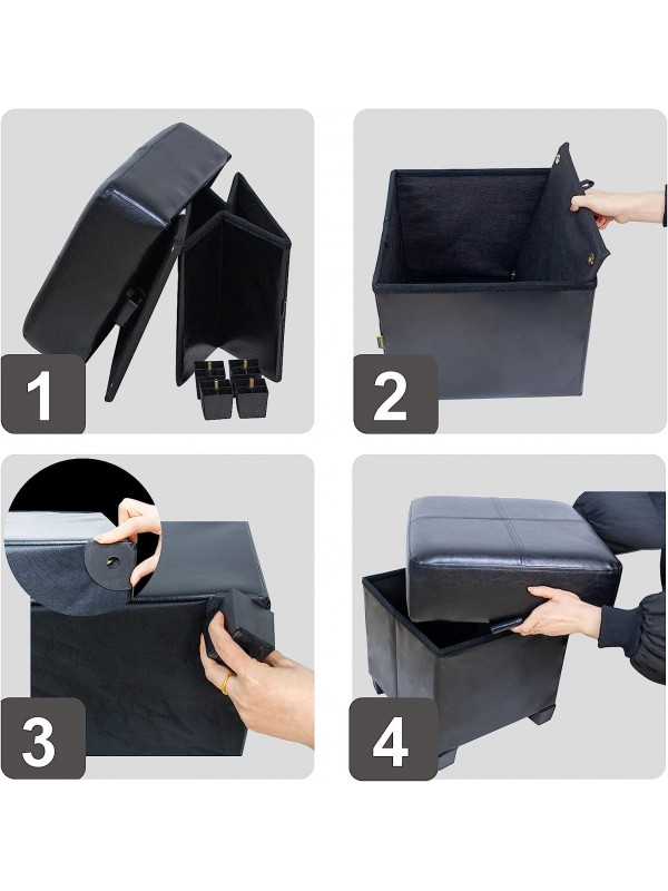 GLAXYFUR Square PU Leather Storage Ottoman Cube Foot Rest | Black